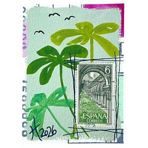 ACEO Original Art Acrylic Collage Mixed Media 1969 Spain Postage Stamp ATC